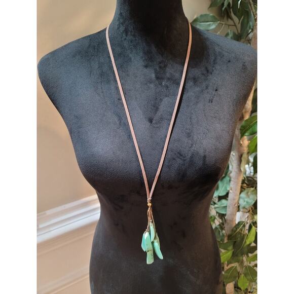 Women's Long Suede Necklace With Turquoise Stone Drops And Bead Slide Lock - Picture 1 of 5